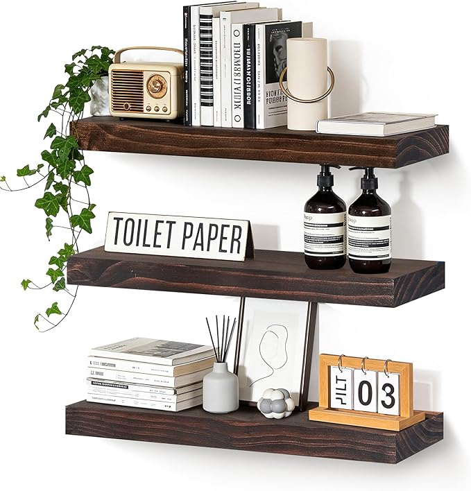 Floating Wall Shelves 24x6.8x1.7 Inch – Solid Wood Rustic Shelves in Walnut Finish – Wall Mounted Display Shelf for Bathroom,