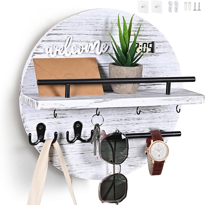 Key Holder for Wall, Round Wooden Rustic Key and Mail Organizer for Wall - Key Holder Wall Mount for Entryway, Mudroom, Hallw