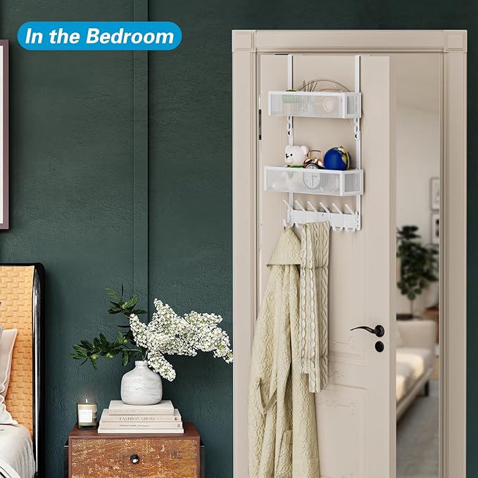 Over The Door Hooks Organizer, Over Door Storage with 12 Coat Hooks and 2 Mesh Basket, Bathroom Door Organizer Towel Rack Bac