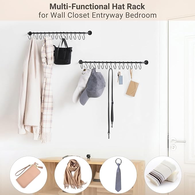Mkono Hat Rack for Wall Baseball Cap Organizer Hanger with 30 Hooks Modern Metal Hat Holder Wall-Mounted Caps Display for Clo