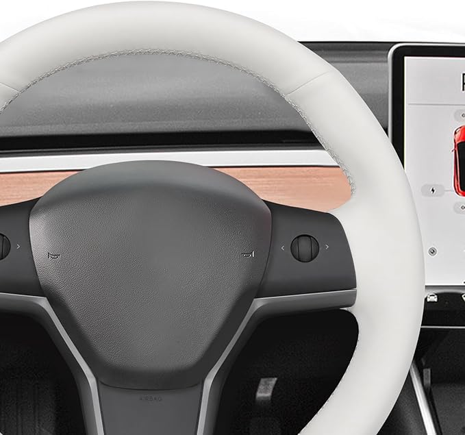 MEWANT Hand Stitched White Leather Steering Wheel Cover for Tesla Model 3/Y Accessories