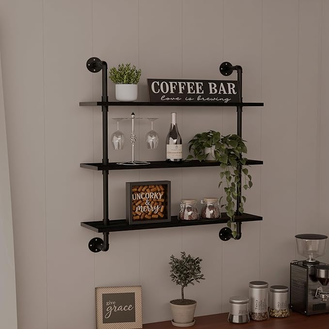 Industrial Pipe Shelf Shelving Bookcase, Wall Mounted Rustic Bookshelf, Floating Bookshelves for Wall,Retro Wood Metal Pipe I