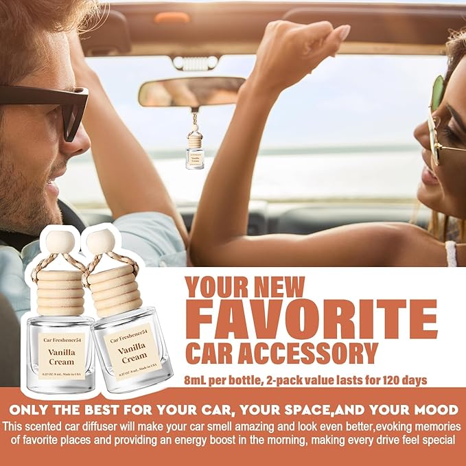 C Classy Car Air Freshener Hanging 2 Pack, Vanilla Cream Essential Oil Diffuser for Cars, Long-Lasting Fragrance, Cute Glass 