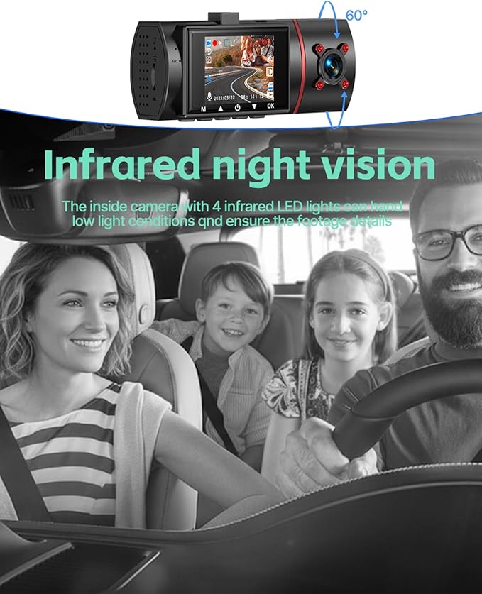 Dash Cam Front Rear and Inside, 3 Channel Dual Dash Camera for Cars W/ 64GB Card,1080P Dashcam Front with Night Vision,Loop R