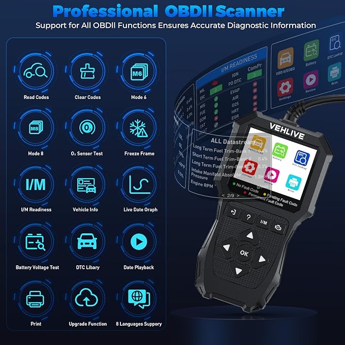 OBD2 Scanner Diagnostic Tool, Check Engine Light Car Code Reader with Reset, Battery Tester, Live Data, Freeze Frame, I/M