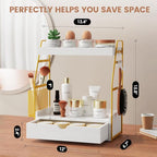 2 Tier Bathroom Counter Organizer with Drawer & Basket, Wooden Vanity Tray Countertop Shelf Accessories for Makeup Storage, C