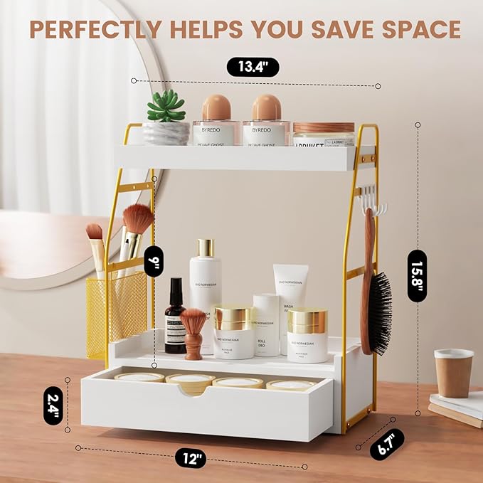 2 Tier Bathroom Counter Organizer with Drawer & Basket, Wooden Vanity Tray Countertop Shelf Accessories for Makeup Storage, C