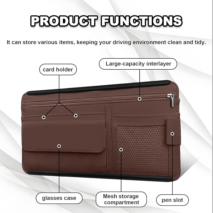 Car Sun Visor Storage Bag, Soft Leather Surface Organizer, Scratch-Resistant Auto Sunshade Organizer Bag, Can Store ID Card, Eyeglasses, Pen, Driving License etc (Brown)