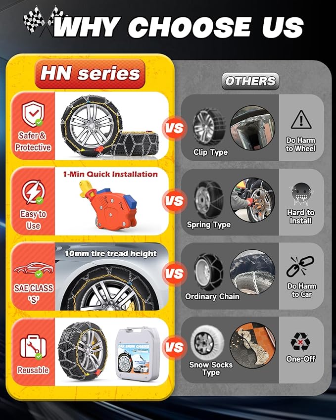 Snow-Chains Auto Fixing 1 Min Quick Fit Easy Installation Tire-Chains, Portable Reusable Universal Emergency Tire Traction Ch