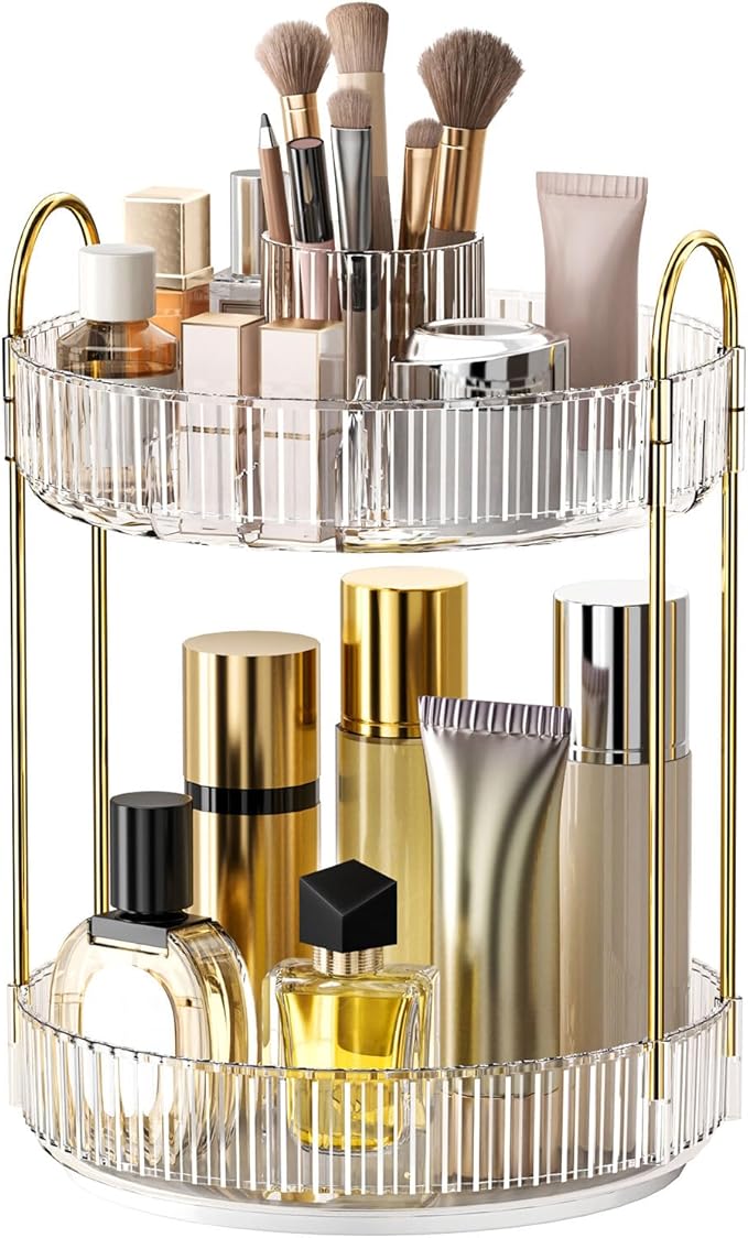 360° Rotating Makeup Organizer, Large-Capacity Skincare Make Up Storage 2 Tier Perfume Organizers Cosmetic Dresser Organizer 