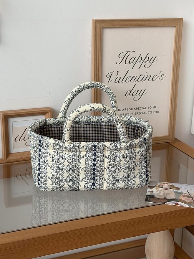 Small Storage Basket Organizer, Mini Fabric Floral Storage Baskets with Handle, Quilted Portable Collapsible Storage (Vine-Bl