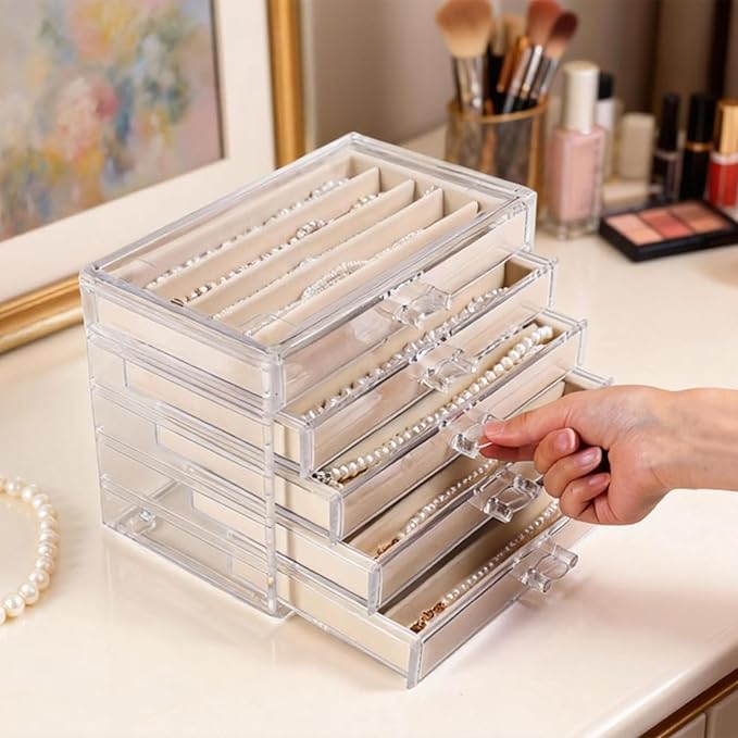 5 Drawers Necklace Organizer Storage, Tray with Clear Lid, Dustproof Velvet Necklaces Holder Storage Display Case, Necklace T