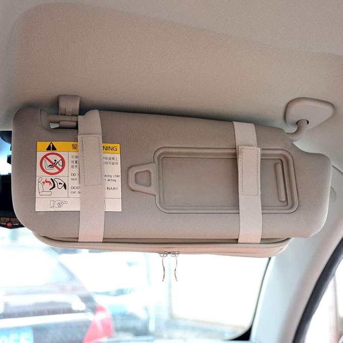 Da by Car Sun Visor Organizer, Multi-Pocket Visor Organizer Storage Pouch for Cars, SUVs & Trucks with Double Zippers, Elastic Bands & Glasses Clip- Organizes Essentials Keep Tidy (Beige Light Yellow)