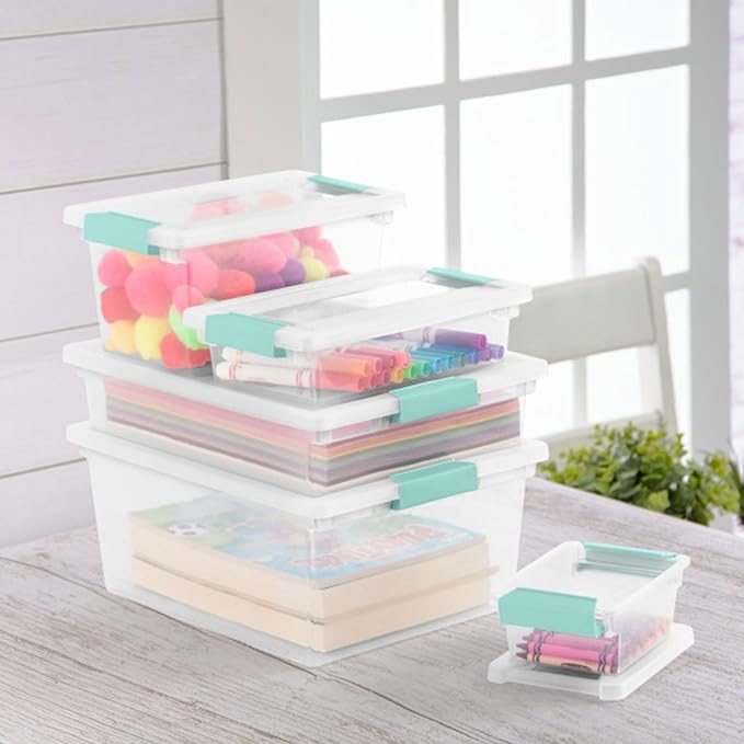 Sterilite 4-Pack Clip Box, Stackable Clear Plastic Bins with Latching Lids, Deep - Writing, Arts or Crafts Supplies Storage C