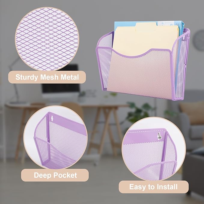EASEPRES 3 Single Pocket Mesh Hanging File Organizer, Vertical Wall Mounted Magazine File Holder, Mount Basket Mail Paper Doc