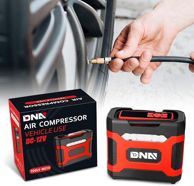 ‎DNA Motoring TOOLS-00210 Red 12V DC Digital Tire Inflator Portable Air Compressor with Pressure Gauge for Cars, Bicycles, Motorcycles,Balls