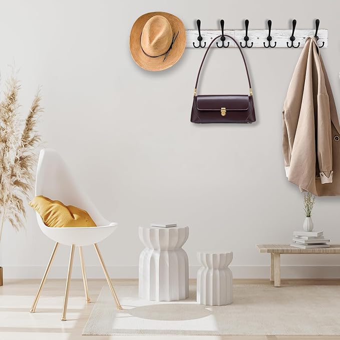 Kuhome 32.2'' Large Coat Rack Wall Mount Coat Hooks with 8 Metal Black Triple-Hooks Old White Pine Real Wood Plank Hat Rack f