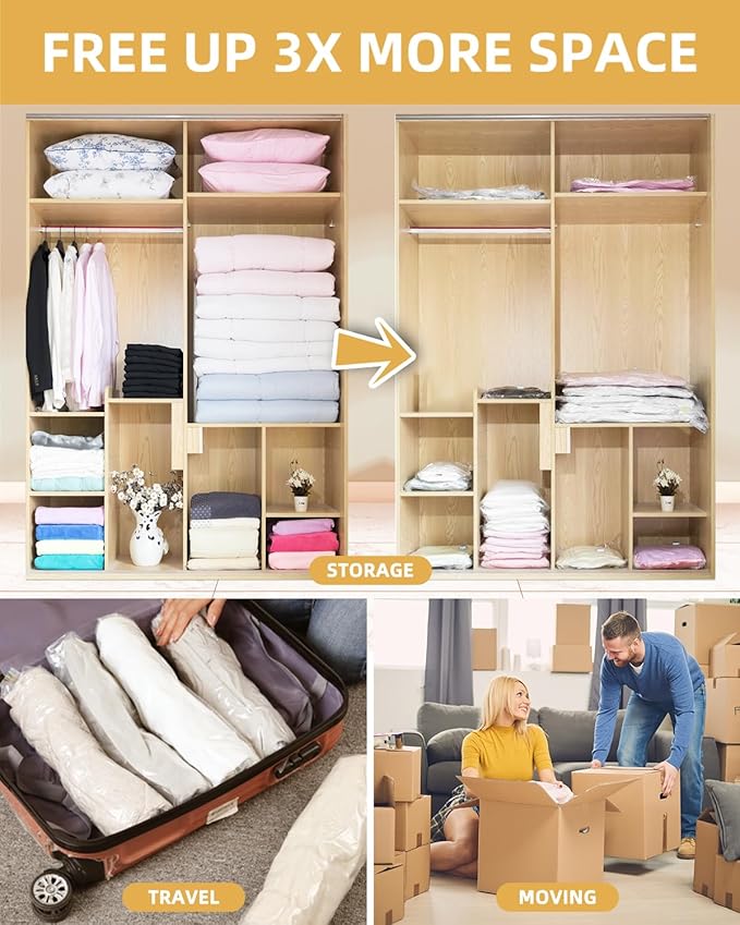 Vacuum Storage Bags for moving, Vacuum Seal Bags for Memory Foam, Latex, Clothing & Bedding, Space Saver Bags for Organizatio
