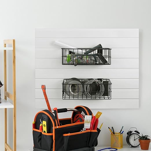 Hicarer 2 Pcs Slatwall Wire Baskets 13.5 x 7.5 x 4.5 Inch Metal Mounted Wall Organizer Basket Ventilated Hanging Slatwall Acc
