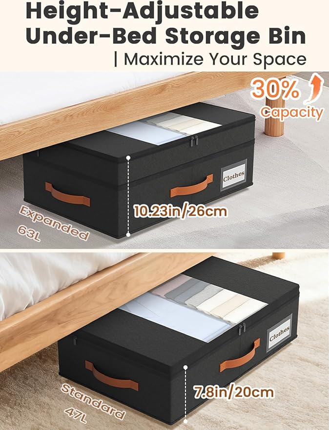 2-Pack Under Bed Storage with Wheels and 6 Vacuum Seal Bags, Adjustable Height 7.9"-10.2",Heavy Duty Capacity,Clear Lid Organ
