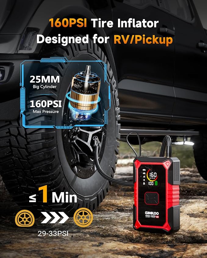 GOOLOO A5 Jump Starter with Air Compressor, 4000A Car Battery Jump Starter (All Gas/10.0L Diesel) with 160PSI Tire Inflator