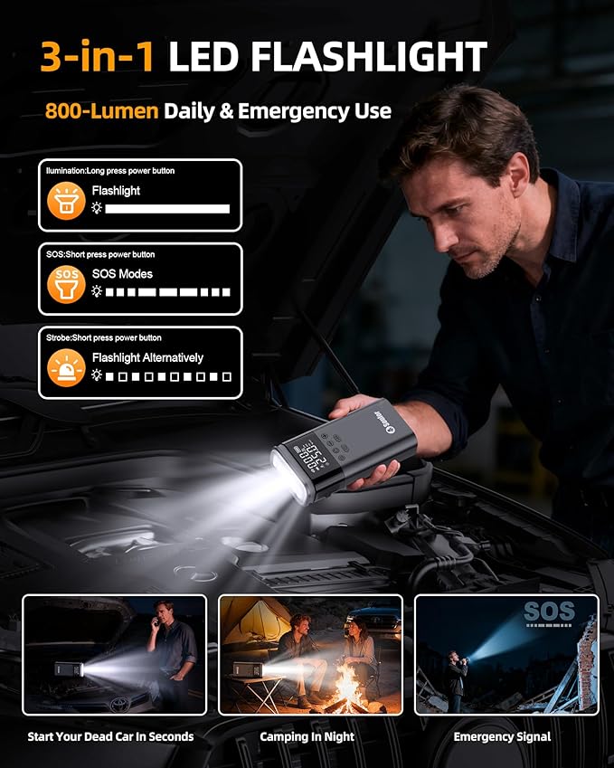 Jump Starter with Air Compressor, 6000A Battery Jumper Starter Portable, 12V Jump Box Car Jump Starter Portable with 150PSI