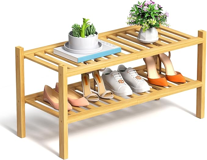 RONGJlA 2 Tier Bamboo Shoe Rack for Closet Free Standing Wood Shoe Shelf Storage Organizer for Entryway Small Space Stackable