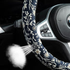 Brown Japanese Style Flower Steering Wheel Cover Auto Embroidery Steering Wheel Protector, Anti-Slip, Breathable, Absorbing S