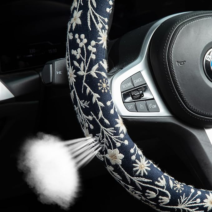Brown Japanese Style Flower Steering Wheel Cover Auto Embroidery Steering Wheel Protector, Anti-Slip, Breathable, Absorbing S