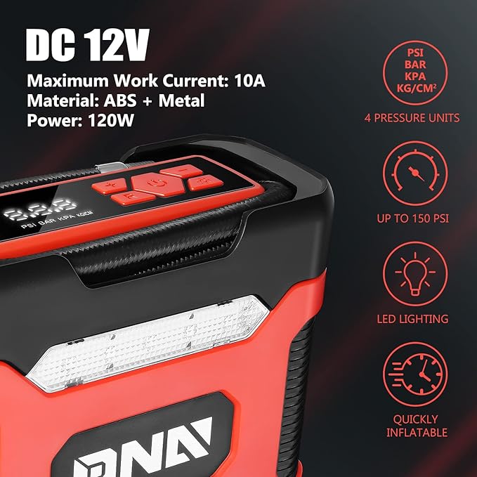 ‎DNA Motoring TOOLS-00210 Red 12V DC Digital Tire Inflator Portable Air Compressor with Pressure Gauge for Cars, Bicycles, Motorcycles,Balls