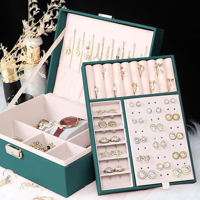 Jewelry Box for Women Girls, 2 Layers Jewelry Organizer Container with Lock, PU Leather Storage Case with Removable Tray, Jew