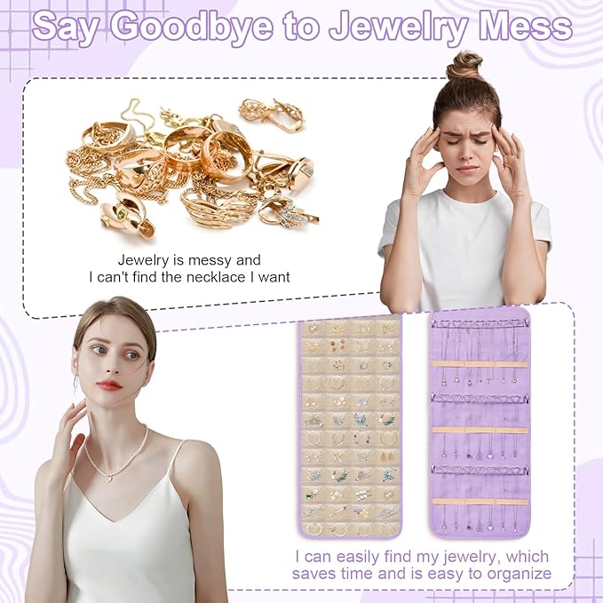 Dynoro Double-Sided Hanging Jewelry Organizer, Lavender Storage Roll for Earrings, Necklaces, Rings, 48 Pockets 21 Hooks, Dur