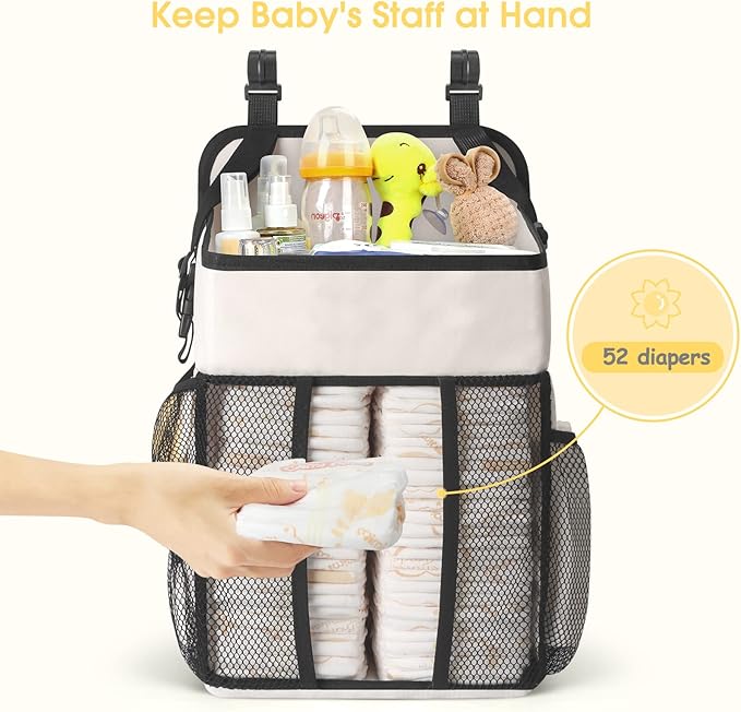 Maliton Hanging Diaper Organizer - Caddy for Changing Table, Crib, Pack n' Play - Stacker Holds 52+ Diapers - Nursery Organiz