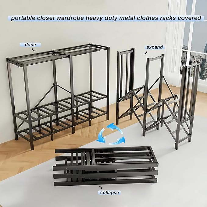 95.3in Heavy Duty Foldable Wardrobe with Cover, Portable Closets for Hanging Clothes, Load 1200lbs, Large Capacity Freestandi
