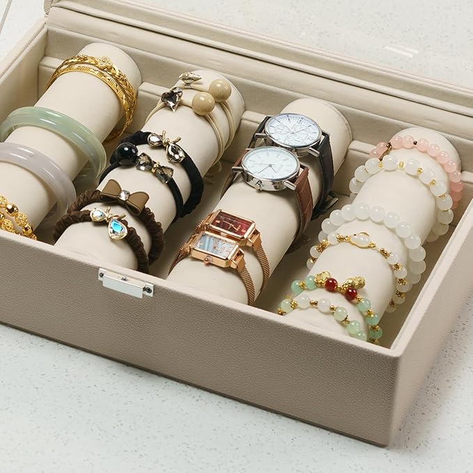 Bracelets Organizer Rods Bangles Display Holder, Clear See through Lid Leather Velvet Jewelry Storage Box Case for Women, 4 R