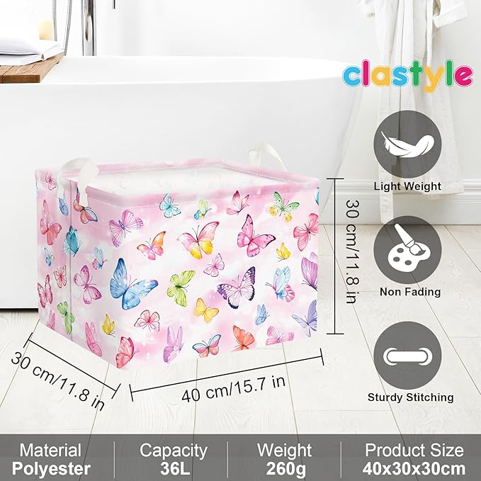 Clastyle 36L Pink Dreamy Butterfly Kid Storage Basket Collapsible Rectangle Clothes Toy Nursery Bin Book Shelf Basket