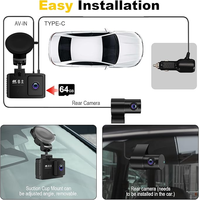 Dash Cam Front and Rear: 4K+2.5K Dual Channel Dash Cam-5GHz WiFi, GPS Dash Camera for Cars with 64GB Card, 2.0" IPS Screen, A