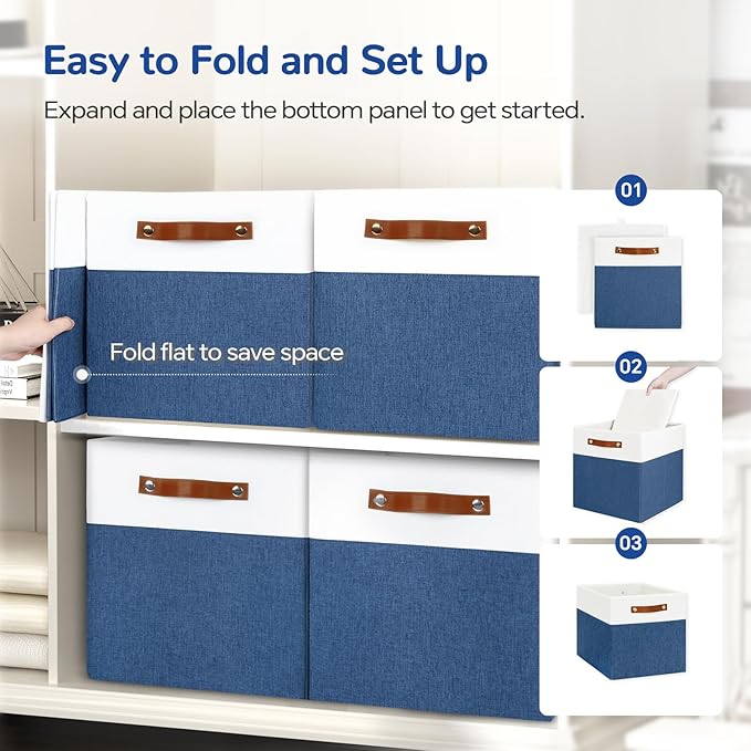 13x13 Storage Cubes 4-Pack, Large Foldable Fabric Cube Storage Bin with Reinforced Bottom and Labels, Organizer Baskets for S