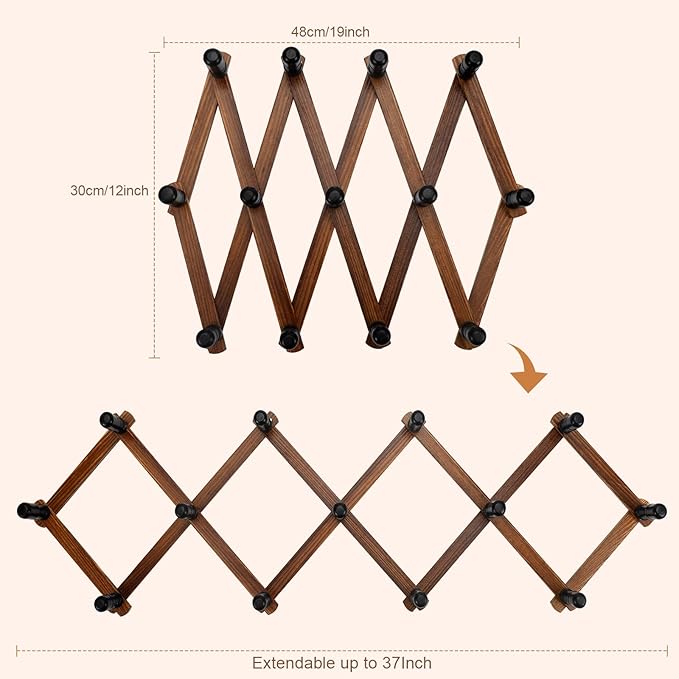 Accordion Wall Hanger, Wood Expandable Wall Mounted Hanger with 13 Hooks for Coats,Hats,Coffee Mug Ect,1 Pack Included,13 Peg