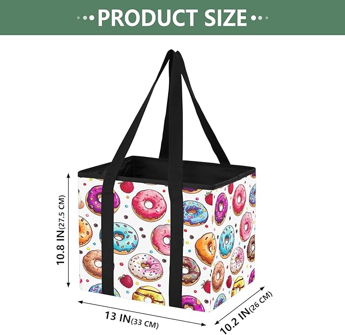Donuts Pattern Reusable Grocery Bags Large Shopping Tote Bag with Reinforced Bottom Board, Water Resistant Foldable Storage B