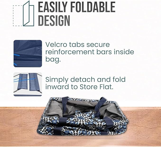 Extra Large Utility Tote Bag - Oversized Collapsible Tote with Wire Frame, Durable Reusable for Beach, Groceries, Laundry, Car Trunk, Storage and Travel - Includes 5x7 Bag with Hook - Blue Snowflake