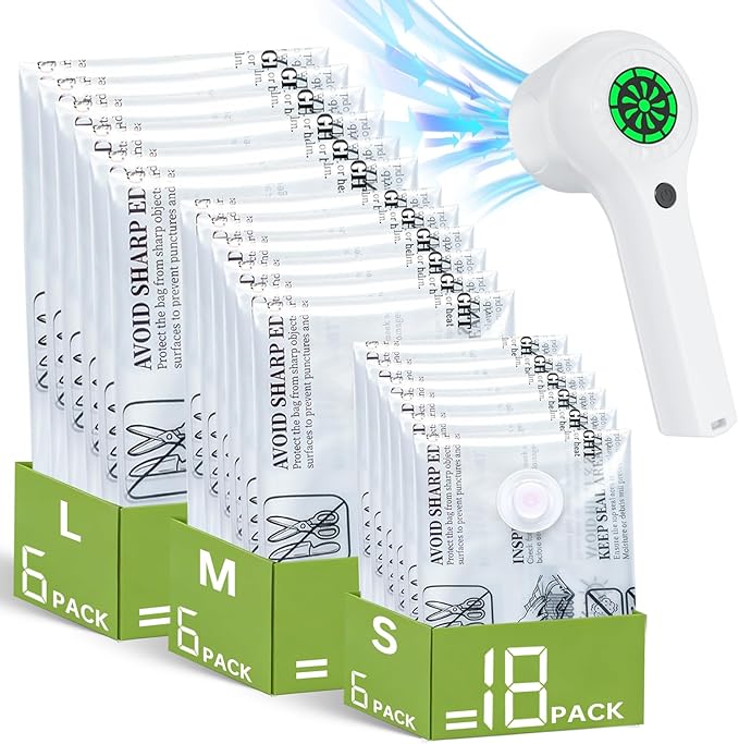 Vacuum Storage Bag with Rechargeable Cordless Pump, 18 Pack Vacuum Seal Space Saver Bags for Clothing Clothes Travel Home