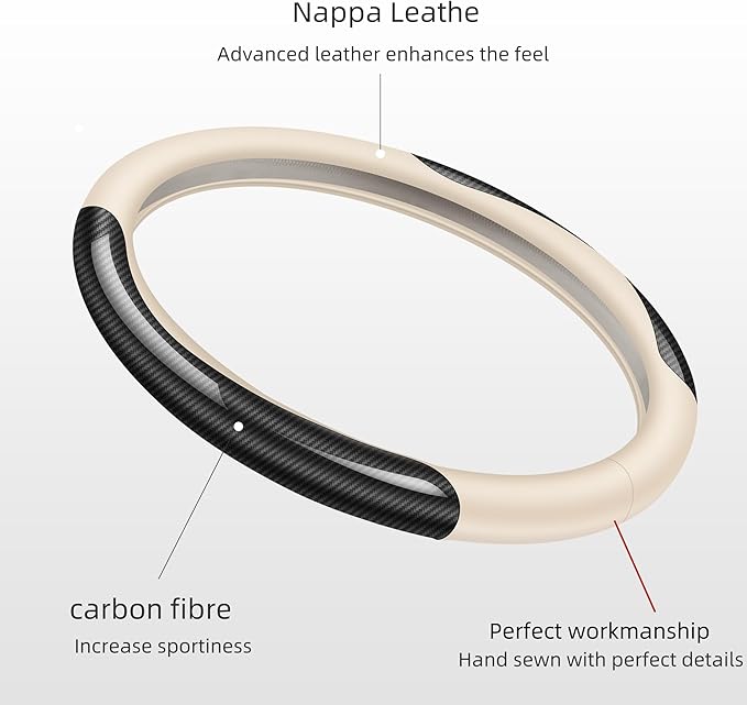 Nappa Leather car Steering Wheel Cover,Carbon Fiber Sports car Interior Non-Slip Ultrathin 15 inches Universal (White)