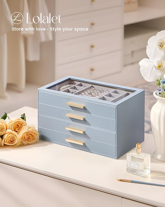 Lolalet Jewelry Box Organizer, 4-Layer Jewelry Organizers and Storage Case with Glass Lid, Ring Earring Bracelet Necklace Hol
