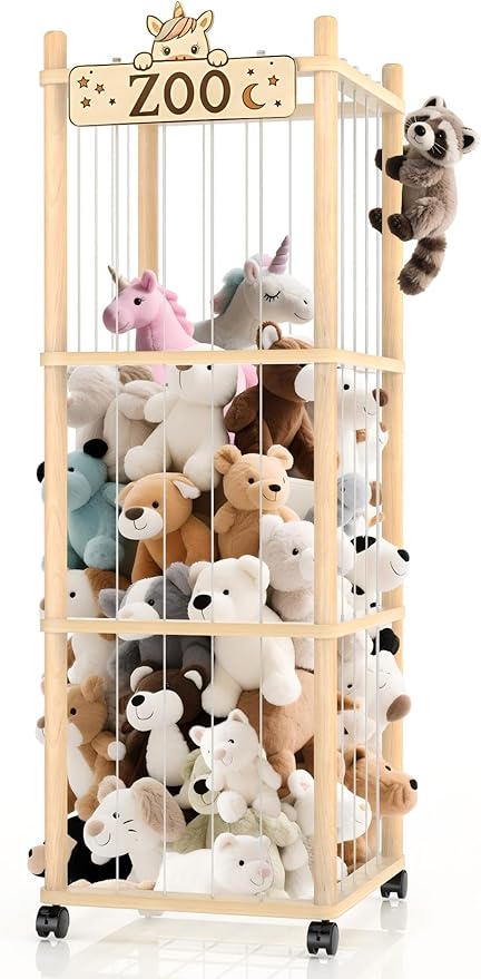 Stuffed Animal Storage Zoo Tower,56In Wooden Large Stuffed Animal Holder Organizer with Wheels,Stuffy Plushies Storage with E