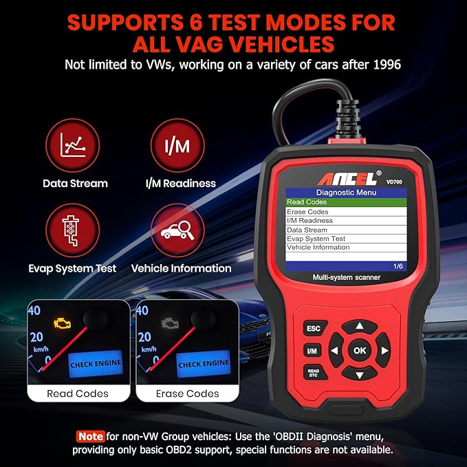 ANCEL VD700 OBD2 Diagnostic Code Reader Scan Tool Fit for Volkswagen Audi VW Skoda Seat, All Functions OBD11 Scanner for VAG