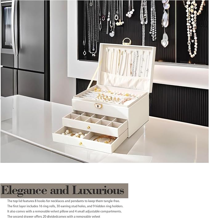 3 Layer Jewelry Box Organizer with Drawers, Lockable PU Leather Jewelry Storage Case for Mothrer's Day gifts Necklace Earring