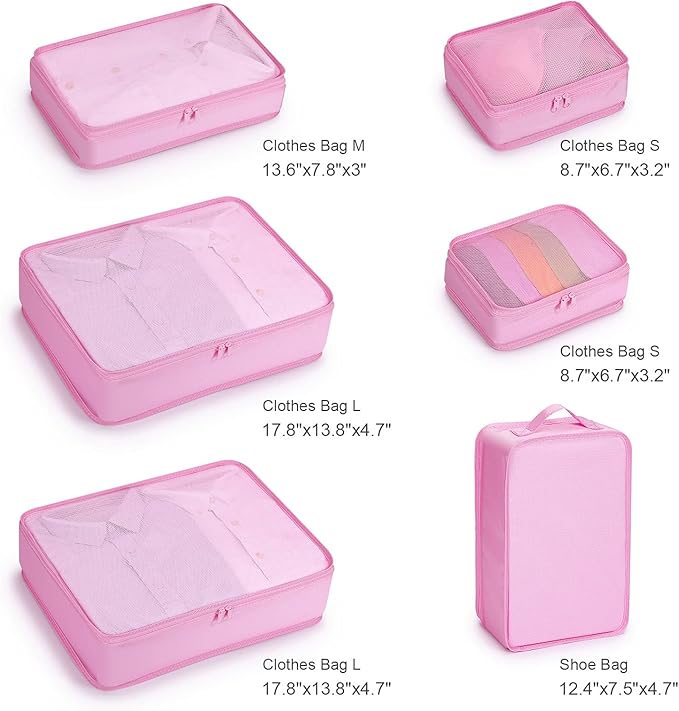 Mossio 6 Set Packing Cubes with Shoe Bag - Lightweight Travel Luggage Suitcase Organizers