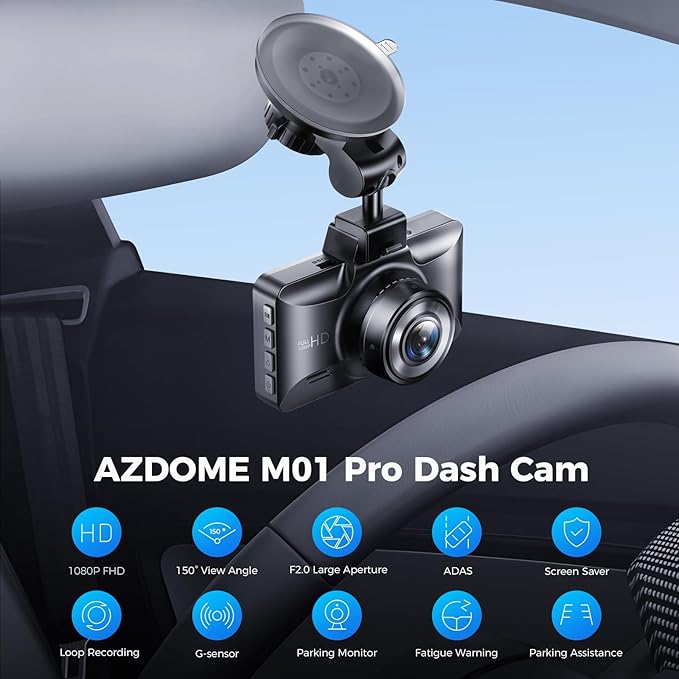 AZDOME M01 Dual Dash Cam Front and Rear with Free 64GB Card, 3" Screen Dual Dashboard Camera for Car, Built-in ADAS G-Sensor,