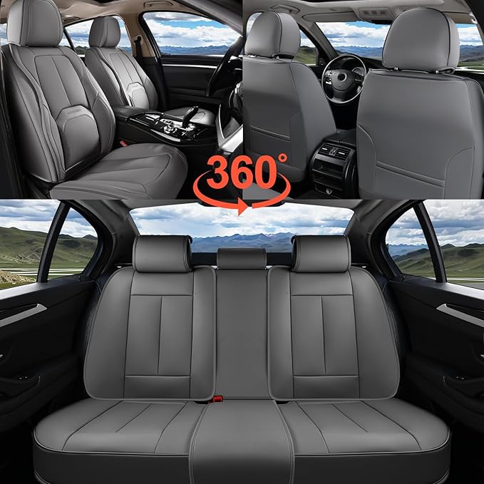 Coverado Car Seat Covers Full Set, Premium Nappa Leather Seat Covers for Car, Waterproof Car Seat Protector with Lumbar Suppo